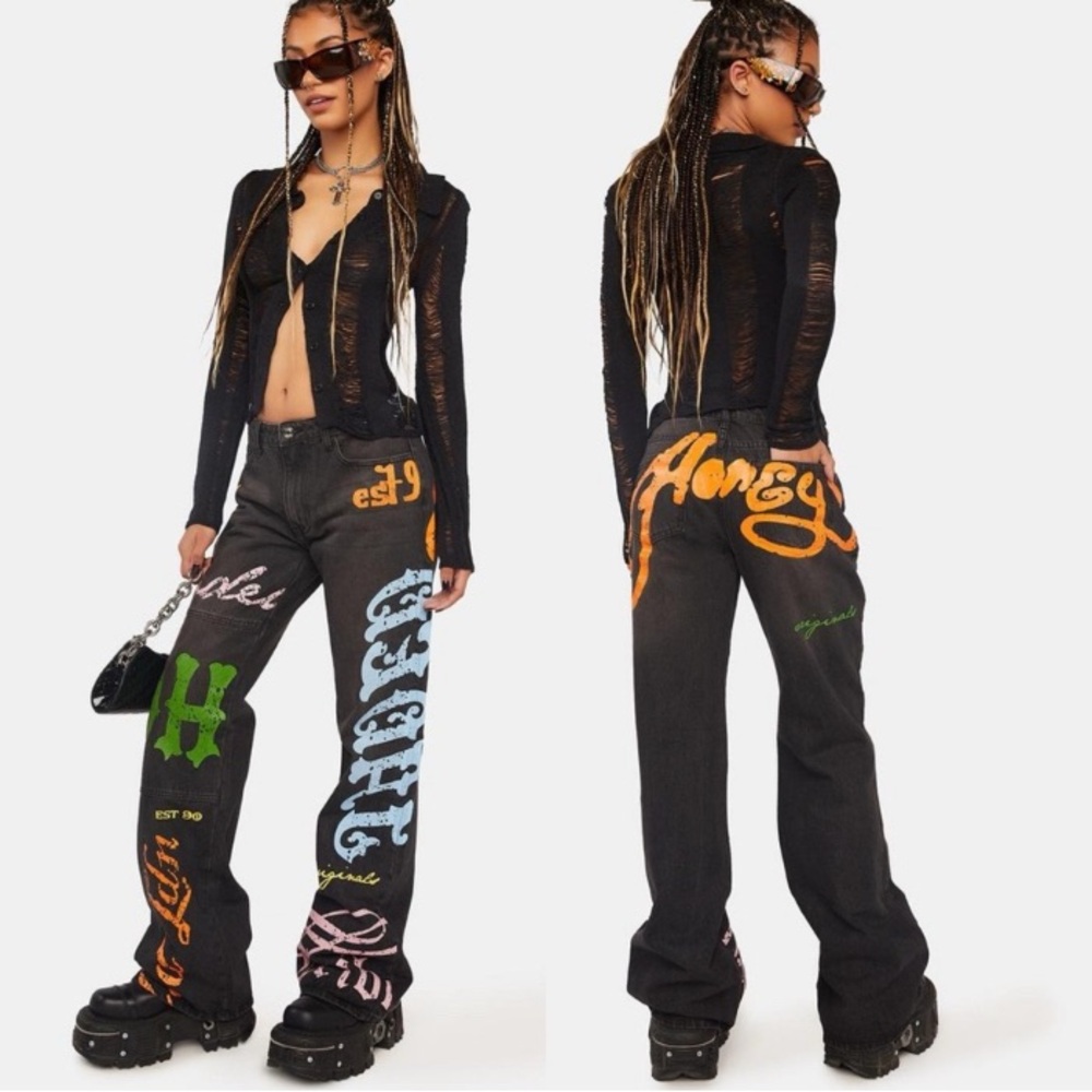 Jaded London Petite Honey Bum Print Low Rise Black Flare Jeans size 8